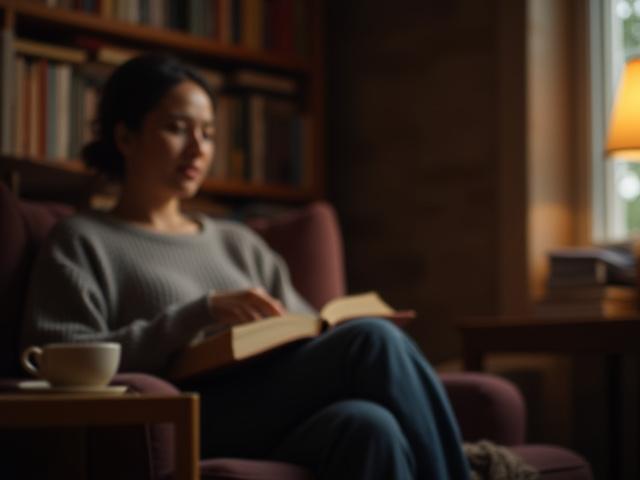 Eine moderne Person liest konzentriert ein Buch in einer gemütlichen Umgebung